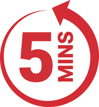 Red circular arrow around bold white text '5 MINS' with a red background