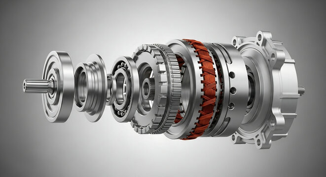 Exploded view of a complex automotive transmission or electric motor assembly showing internal components.