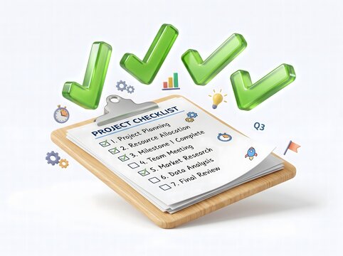 A clipboard with a handwritten checklist and multiple green check marks floating above it representing successful task completion and project management success