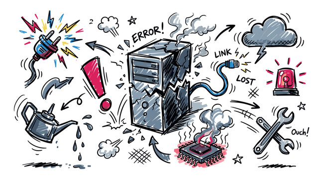Computer error and hardware failure concept icons with broken pc, overheating chip and wrench for web design in colorful sketch illustration