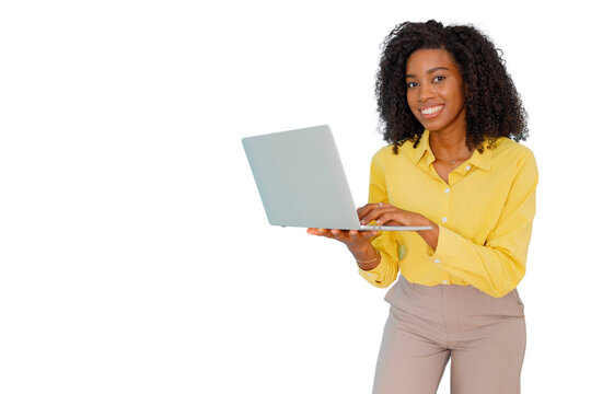 Black professional woman smiling, holding and typing on laptop, presenting new ideas, transparent background
