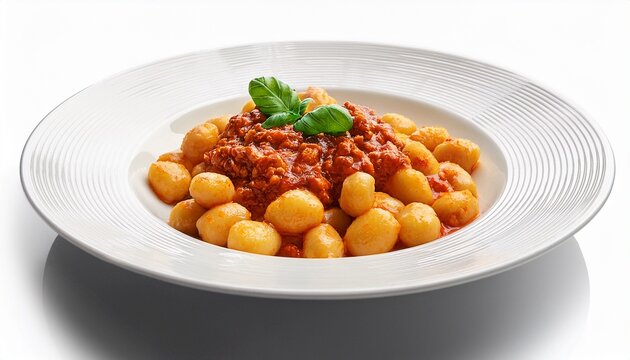 a white plate filled with delicious potato gnocchi and a rich meat bolognese sauce isolated on a white background