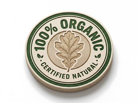 A round stamp seal featuring a leaf icon with text stating one hundred percent organic and certified natural product quality label design
