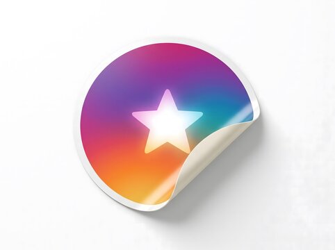 A circular sticker with a vibrant rainbow gradient background featuring a white star icon isolated on a clean white studio background surface
