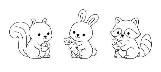 Obraz premium Cute Forest Animal Collection with Squirrel, Rabbit and Raccoon, Kawaii Black and White Outline Vector Illustration for Coloring Book
