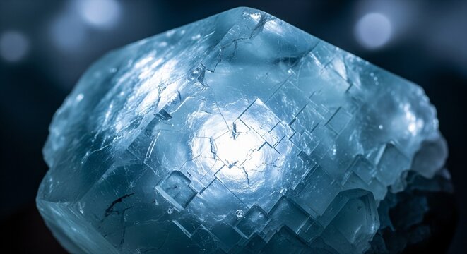 Macro photo of an illuminated blue crystal showing detailed geometric patterns, cubical structures, and internal glow.