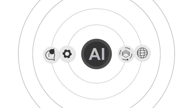 AI Processing Interface Animation featuring a central artificial intelligence symbol. Modern loop background ideal for AI presentations, websites, technology videos, SaaS, digital innovation.
