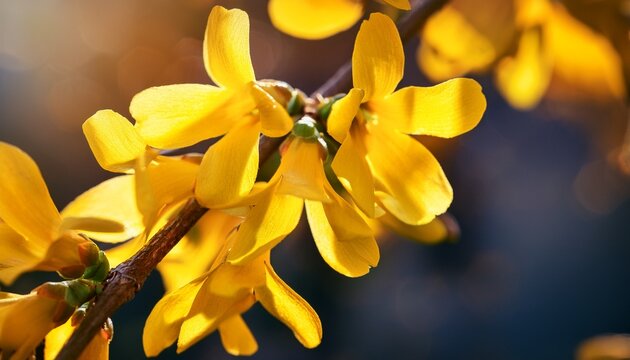 macro shot of bright yellow forsythia flowers in spring