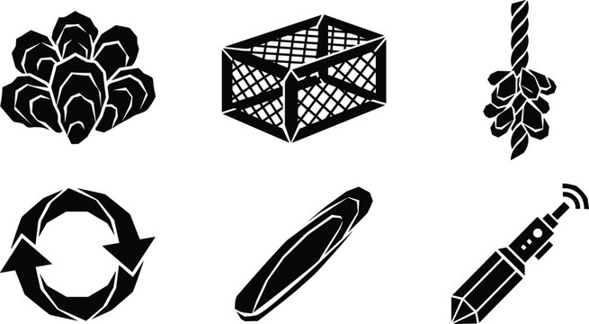 Black and white vector set of oyster farming, aquaculture, and shellfish cultivation icons