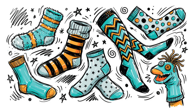 Colorful socks and puppets vector icons with striped, polka dot socks and sock puppet for branding design in playful illustration style