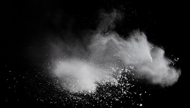 abstract white dust explosion on black background grainy powder particles cloud cinematic spray texture for creative design overlays