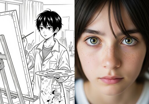 Close Up Young Artist Face Split Screen With Black And White Anime Art Of Painter