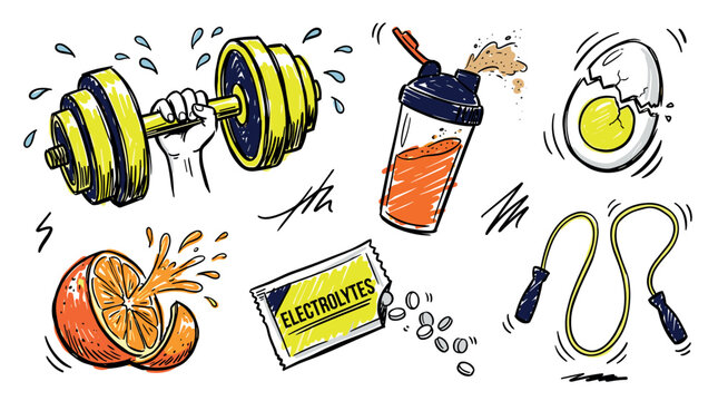 Fitness and nutrition concept icons with dumbbell, shaker and egg for mobile app design in hand drawn illustration
