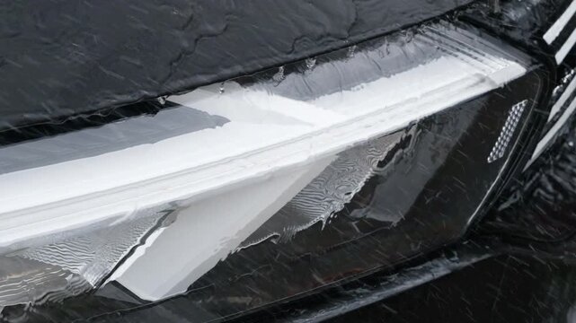 Water flows across a black car surface during washing, creating clean reflections and droplets while illustrating professional automotive detailing, maintenance, rinsing, and exterior care.