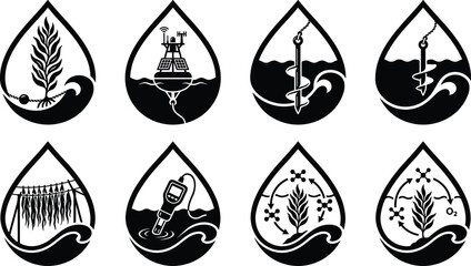 Black and white vector set of seaweed farming, marine aquaculture, and ocean research icons © Sadiya Art