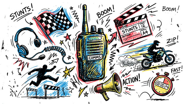 Action and stunt design icons with walkie talkie, clapperboard and motorcycle for infographic design in sketch style