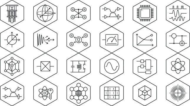 Black and white vector set of quantum physics, quantum computing, and science technology icons