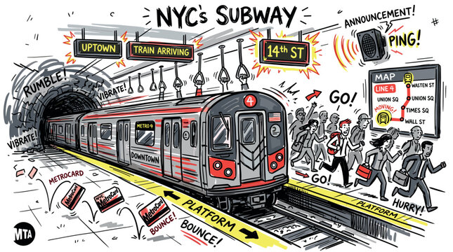 Subway and public transport concept icons with train, platform and metrocard for web design in colorful illustration style
