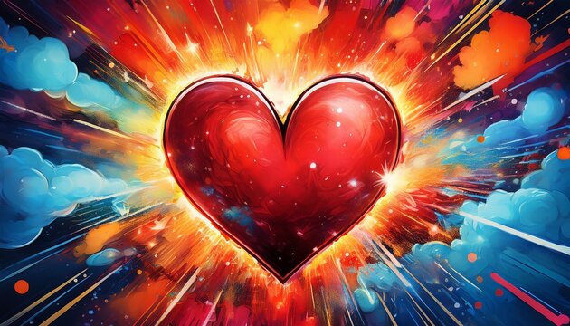 red heart bursting with energy on a colorful comic book background