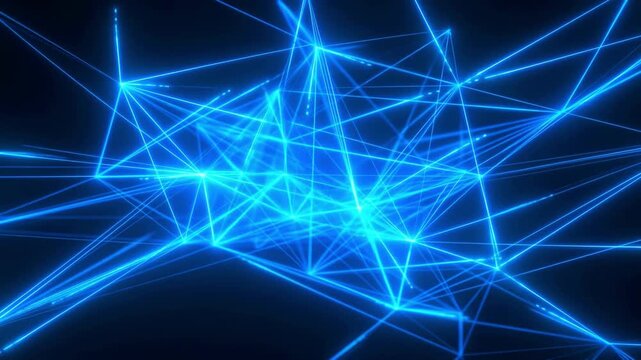 Digital data streams flowing through glowing blue network grid futuristic technology video with high contrast lighting representing artificial intelligence connectivity and cyber security concept