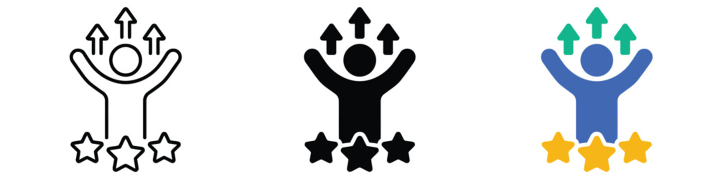 Business success, self improvement, personal growth, and customer rating icon set