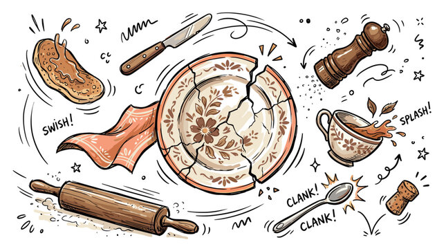 Kitchen and cooking vector icons with rolling pin, broken plate and teacup for presentation design in colorful doodle style