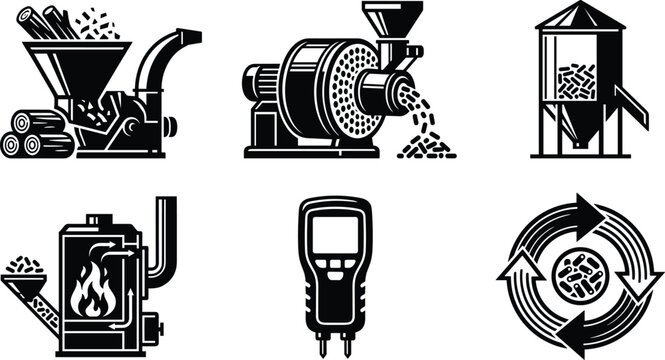 Black and white vector set of wood pellet production and biomass energy icons