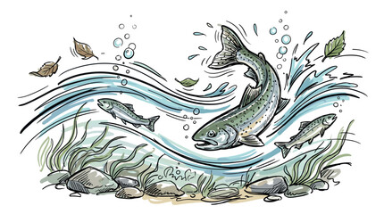 Obraz premium Ecology and freshwater vector icons with fish, water splash and aquatic plants for infographic design in hand drawn style