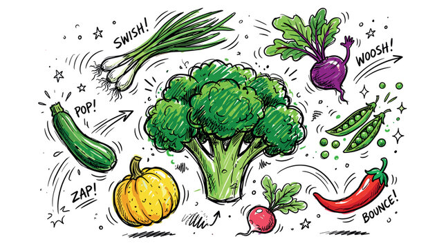 Vegetables and gardening vector icons with broccoli, pumpkin and chili pepper for print design in hand drawn style