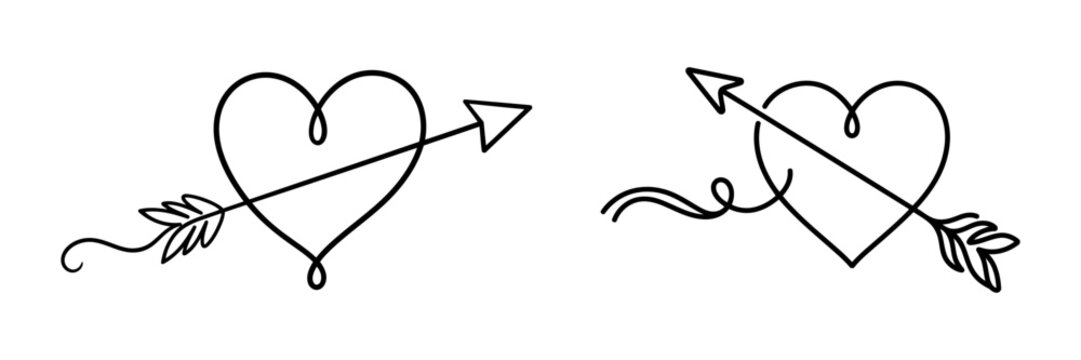 Hand drawn doodle hearts pierced by arrows on a white background
