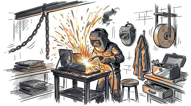 Industrial and welding design icons with welder, torch and toolbox for print marketing design in rough hand drawn style