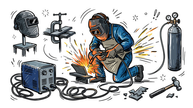 Welding and metalwork design icons with welder, welding mask and torch for industrial branding in colorful illustration