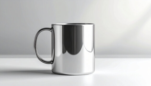 Shiny metallic mug with handle on white surface