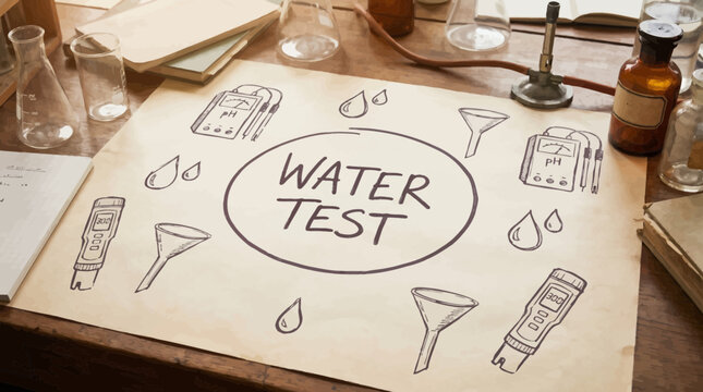 A sketch of water testing equipment on a table with glassware and a pH meter surrounding a WATER TEST sign