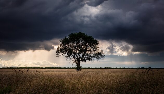 photorealistic scene of a solitary tree silhouette stormy field dark clouds above brooding atmosphere