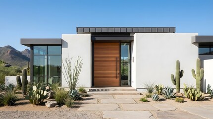 Fototapeta premium Modern luxury desert home exterior with large wooden front door and cactus landscaping under a clear blue sky