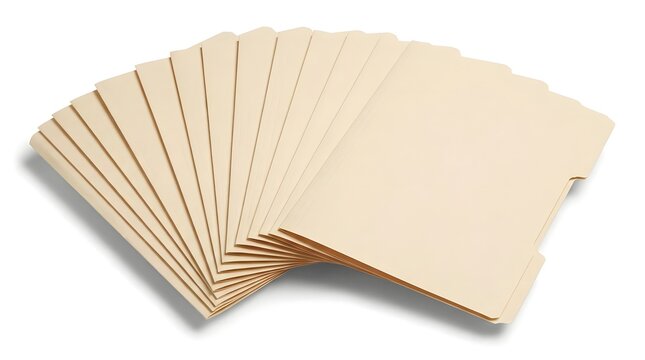A stack of blank square beige paper cards fanned out on a white background