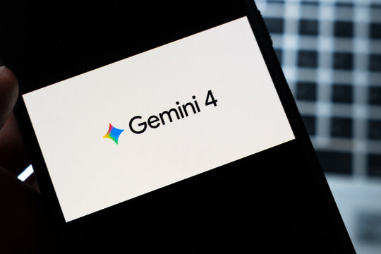 Warsaw, Poland - July 26, 2026: Gemini 4 logo displayed on smartphone screen held in hand against dark blurred background, showing Google AI assistant branding