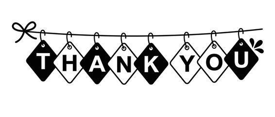 Thank You lettering displayed on hanging diamond shaped tags strung together on a rope creates a clean and professional graphic asset suitable for customer appreciation messages and retail branding. © Galih