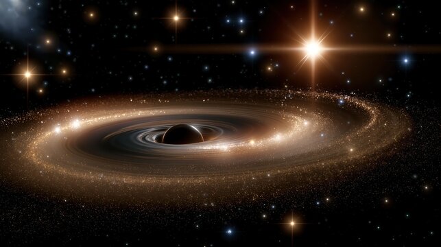 Cosmic scene showing a black hole surrounded by a swirling disk of dust and stars in deep space