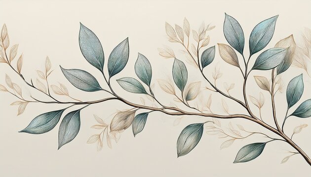 branch with tiny leaves n clean thin line botanical drawing