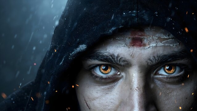 Retrato dram&aacute;tico de hombre con capucha, ojos intensos y chispas bajo la lluvia