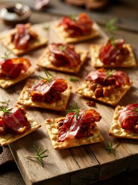 Aperitivos de galletas saladas con bacon crujiente y romero servidos sobre tabla de madera