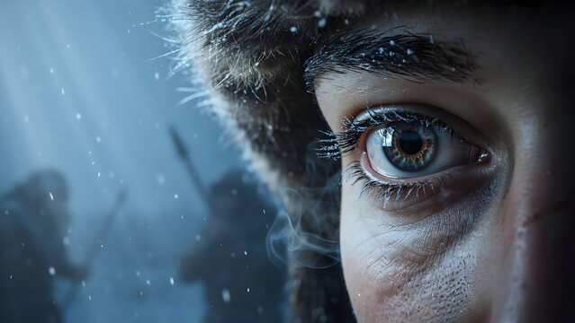 Primer plano del ojo de un guerrero con gorro de piel bajo una tormenta de nieve y figuras al fondo