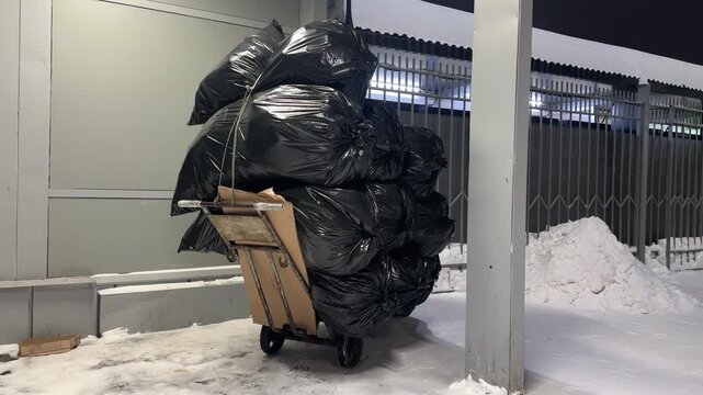 A cart is loaded with large black garbage bags stacked high. Snow covers the ground beside the cart, creating a stark contrast against the dark bags.