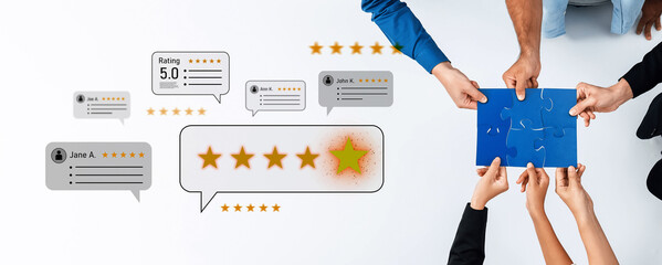 Hands of diverse team members engage in collaboration while showcasing feedback and ratings, revealing a commitment to quality and customer satisfaction in business settings. Trope © InfiniteFlow