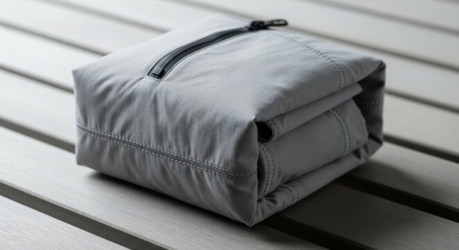 Compact folded light grey sports jacket placed on a slatted wooden bench.
