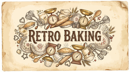 Naklejka premium Illustration of vintage baking tools and pies centered on aged parchment paper with the text RETRO BAKING