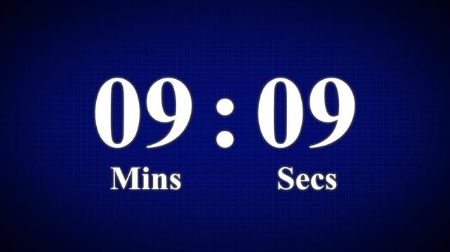 10 minute countdown timer animation, isolated on a blue and grid background. 1 minutes countdown timer animation, 4k High quality video.