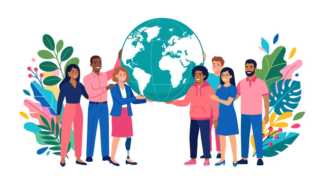 People of diverse ethnic backgrounds stand united in a circle while holding a large globe together to represent global cooperation, environmental awareness, and a shared responsibility for our planet.